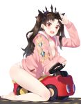  1girl barefoot black_hair breasts car earrings fate/grand_order fate_(series) fur_trim furururu ground_vehicle hair_ribbon highres hood hoodie hoop_earrings ishtar_(fate/grand_order) ishtar_(swimsuit_rider)_(fate) jewelry long_hair looking_at_viewer medium_breasts motor_vehicle red_eyes ribbon road single_thighhigh smile solo thigh-highs tohsaka_rin two_side_up white_background 