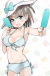  1girl :d bare_shoulders bikini blue_eyes blush bow child chiruto_(totttales) collarbone cowboy_shot food foreshortening giving hat hat_bow highres holding holding_food horizontal_stripes looking_at_viewer navel open_mouth popsicle reaching_out short_hair smile solo striped striped_bikini swimsuit 
