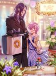  1boy 1girl :d bag black_neckwear blue_dress business_suit checkered checkered_dress dress fate/grand_order fate_(series) flower formal glasses gloves hair_over_one_eye handbag jacket lancelot_(fate/grand_order) long_hair looking_at_another majiang mash_kyrielight necktie open_mouth purple_gloves purple_hair semi-rimless_eyewear shopping_bag short_hair signature smile suit table violet_eyes yellow_jacket 