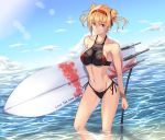  1girl blonde_hair clouds hairband highres looking_to_the_side luna_(gunfire) navel panties partially_submerged red_eyes red_hairband see-through side-tie_panties sky solo swimsuit underwear violet_eyes 