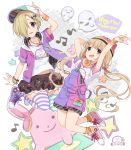  &gt;:d 2girls :d \m/ arm_behind_head arm_up bangle blonde_hair bracelet brown_hair clothes_writing drawstring english eyeball_hair_ornament futaba_anzu ghost hair_ornament hair_over_one_eye hairclip hand_on_headwear hat headphones headphones_around_neck hood hoodie idolmaster idolmaster_cinderella_girls jewelry long_hair looking_at_viewer mismatched_legwear multiple_girls musical_note open_mouth overalls pendant shirasaka_koume shirt shoes short_hair skirt smile sneakers star striped striped_legwear t-shirt thigh-highs tko_(mmtmk) twintails wristband zettai_ryouiki 