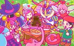  6+girls adeleine banana bee beret black_hair blue_eyes blue_hair blush_stickers bouncy_(kirby) bow chocolate_fountain chuchu_(kirby) claycia drawcia drooling eating elline_(kirby) food fruit gloves grey_skirt hat heart kirby kirby_(series) marshmallow multicolored_hair multiple_girls nintendo official_art peeking_out pink_hair queen_sectonia ribbon_(kirby) short_hair skirt smock star_rod strawberry streaked_hair susie_(kirby) tree valentine witch_hat 