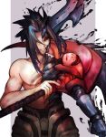  1boy black_hair blue_hair gloves highres jaku kayn league_of_legends male_focus multicolored_hair one_eye_closed red_eyes scythe shirtless solo tattoo teeth two-tone_hair upper_body 