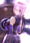  1girl absurdres blush breasts eyebrows_visible_through_hair fate/grand_order fate_(series) gu_li hair_over_one_eye highres holding_shield large_breasts looking_at_viewer parted_lips purple_hair shield shielder_(fate/grand_order) short_hair sleeveless solo violet_eyes 