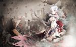  1girl arm_up bangs breasts closed_mouth dress fading gloves grey_gloves grey_hair hand_up highres holding holding_sword holding_weapon looking_at_viewer short_hair_with_long_locks silver_hair sinoalice small_breasts snow_white_(sinoalice) solo standing sword translated weapon white_dress yellow_eyes yukidaifuku 