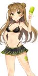  1girl bikini bikini_skirt black_bikini breasts brown_hair choker double_bun food girls_frontline green_eyes halter_top halterneck jksh5056 long_hair looking_at_viewer medium_breasts navel popsicle rfb_(girls_frontline) simple_background smile solo standing stomach swimsuit white_background 