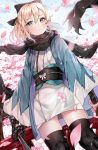  1girl bangs black_bow black_legwear black_scarf blonde_hair blue_sky blurry bow bracer closed_mouth commentary_request day depth_of_field fate_(series) flower hair_between_eyes hair_bow holding holding_sword holding_weapon japanese_clothes katana kimono lib obi outdoors petals sakura_saber sash scarf shinsengumi short_hair short_kimono sky solo standing sword thigh-highs tree weapon white_bow white_kimono wind yellow_eyes 