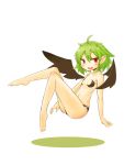  1girl ahoge blush breasts demon_girl fang green_hair kumakichi midriff navel pointy_ears red_eyes ribs small_breasts smile solo succubus wings yuuutsu-kun_to_sakyubasu-san 