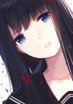  1girl bangs black_hair black_sailor_collar blue_eyes caidychen close-up eyebrows_visible_through_hair face hair_ornament hairclip long_hair looking_at_viewer open_mouth parted_lips petals sailor_collar simple_background solo white_background 