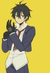  1boy ahoge black_gloves black_hair blue_pants busou_shoujo_machiavellism flat_color gloves green_eyes hair_between_eyes highres long_sleeves male_focus necktie nomura_fudou pants red_necktie school_uniform short_hair simple_background smile solo yellow_background yuuki_sudachi 