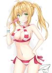  1girl ahoge artist_name blonde_hair blush bracelet breasts cleavage closed_mouth dated earrings eyebrows_visible_through_hair fate/grand_order fate_(series) food green_eyes hand_on_hip jewelry large_breasts long_hair looking_at_viewer navel nero_claudius_(swimsuit_caster)_(fate) popsicle signature smile solo twintails twitter_username unel1211 