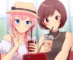  2girls bangs bare_shoulders bead_necklace beads blue_eyes blush braid brown_eyes brown_hair bucket_hat cellphone closed_mouth collarbone cup dress drinking drinking_straw eyebrows_visible_through_hair hat holding holding_cup holding_phone indoors jewelry looking_at_viewer megurine_luka meiko multiple_girls necklace nokuhashi phone pink_hair ribbed_sweater self_shot short_hair side_braid sleeveless smartphone smile sweater swept_bangs twin_braids vocaloid white_dress 