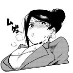  1girl :t bijin_onna_joushi_takizawa-san black_hair blush breasts cleavage earrings formal hair_bun jewelry large_breasts looking_at_viewer looking_down mole mole_under_mouth monochrome necklace office_lady pout solo suit sweat takizawa_kyouko tearing_up upper_body visible_air yan-baru 
