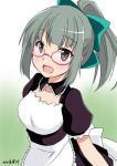  10s 1girl :d alternate_costume artist_name bespectacled enmaided glasses green_hair hair_ribbon kantai_collection maid nissei open_mouth pink-framed_eyewear ponytail ribbon simple_background smile solo yuubari_(kantai_collection) 