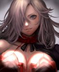  1girl blue_eyes breasts cinderella_(sinoalice) commentary_request face frilled_skirt frills hair_over_one_eye large_breasts lips long_hair looking_at_viewer parted_lips silver_hair sinoalice skirt solo starry_babe 