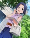  1girl ahoge artist_request bag belt blue_hair blue_sky blush breasts building day holding idolmaster idolmaster_million_live! idolmaster_million_live!_theater_days jewelry map miura_azusa necklace official_art open_mouth outdoors red_eyes short_hair skirt sky sleeveless smile solo tree 