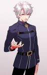  1boy belt command_spell cowboy_shot dark_persona fate/grand_order fate_(series) fujimaru_ritsuka_(male) gradient gradient_background grey_hair long_sleeves looking_at_viewer red_eyes simple_background solo yosi135 