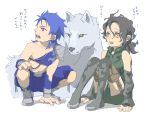  2boys arm_support black_hair blue_hair boots child fate/stay_night fate/zero fate_(series) highres lancer lancer_(fate/zero) male_focus multiple_boys ponytail red_eyes short_hair shorts simple_background sitting squatting ujino white_background wolf yellow_eyes younger 