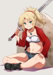  1girl air_0497 blonde_hair breasts clarent fate/apocrypha fate_(series) full_body green_eyes grin highres long_hair looking_at_viewer medium_breasts navel ponytail saber_of_red simple_background sitting smile solo stone sword weapon 