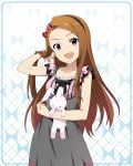  1girl artist_request bare_shoulders bow breasts brown_hair collarbone dress hair_bow hairband idolmaster idolmaster_million_live! idolmaster_million_live!_theater_days long_hair looking_at_viewer minase_iori official_art open_mouth red_eyes ribbon small_breasts smile solo stuffed_animal stuffed_bunny stuffed_toy 