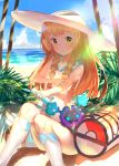  1girl :o akamizuki_(akmzk) bag bare_arms bare_shoulders beach blonde_hair blush braid closed_eyes clouds collared_dress commentary_request cosmog day dress duffel_bag eyebrows_visible_through_hair green_eyes gym_bag hat kneehighs lillie_(pokemon) long_hair lotion ocean palm_tree parted_lips poke_ball_theme pokemon pokemon_(game) pokemon_sm sitting sky sleeveless sleeveless_dress smile sparkle sun_hat sundress sunlight sunscreen tree twin_braids white_dress white_hat white_legwear 