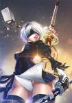 1girl blindfold cleavage_cutout feather_trim from_below gloves gluteal_fold lips nier_(series) nier_automata parted_lips patreon_username pod_(nier_automata) puffy_sleeves short_hair silver_hair sword thigh-highs weapon wind yagi_hikaru yorha_no._2_type_b 