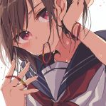  1girl bangs blush boyano brown_hair closed_mouth hair_tie hand_in_hair looking_at_viewer lowres mouth_hold neckerchief original pixel_art red_neckerchief school_uniform serafuku simple_background solo sweat tying_hair violet_eyes white_background 