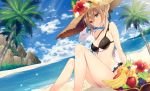  1girl apple banana bare_shoulders beach bikini bird blonde_hair braid clouds day fate/grand_order fate_(series) flower food frilled_bikini frills fruit grapes hair_ribbon hat hat_flower heroine_x heroine_x_(alter) jacket necomi_(gussan) orange palm_tree ribbon saber seagull sky solo straw_hat swimsuit tree water yellow_eyes 