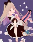  1girl alice_(wonderland) alice_in_wonderland apron back_bow black_bow black_dress black_shoes blonde_hair bow card closed_mouth clubs_(playing_card) cosplay diamonds_(playing_card) dress finger_to_mouth formal from_behind full_body glasses hair_bow hearts_(playing_card) long_hair looking_at_viewer looking_back maid mary_janes nakamura_hinata necktie on_floor pantyhose pinafore_dress pink_legwear playing_card pocket_watch purple_background rabbit shoes signature simple_background sitting solo spades_(playing_card) suit watch white_apron white_bow white_rabbit white_rabbit_(cosplay) yellow_necktie 