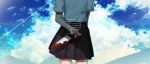 anaglyph black_skirt blood blood_splatter bloody_knife blue_sky clouds cloudy_sky commentary_request danjou_sora day highres holding holding_knife kanji knife original out_of_frame pleated_skirt shirt short_sleeves skirt sky solo white_shirt 