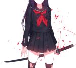  1girl black_blouse black_hair black_legwear black_sailor_collar black_shoes black_skirt blood blood_splatter blouse caidychen cel closed_mouth commentary faceless faceless_female facing_viewer holding holding_sword holding_weapon katana long_hair long_sleeves neckerchief original pleated_skirt purple_hair red_neckerchief sailor_collar shirt shoes simple_background skirt smile solo standing sword thigh-highs torn_clothes torn_shirt torn_skirt torn_thighhighs weapon white_background 