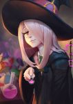  1girl a6 hair_over_one_eye hat highres holding holding_spoon light_smile little_witch_academia long_hair mushroom one_eye_covered pink_hair potion robe solo sparkling_eyes spoon sucy_manbavaran tube witch_hat yellow_eyes 