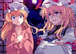  2girls blonde_hair blush collarbone commentary_request crossed_arms e.o. eyebrows_visible_through_hair hat long_hair looking_at_another maribel_hearn mob_cap multiple_girls open_mouth smile touhou violet_eyes yakumo_yukari 