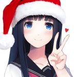  1girl bangs black_hair blue_eyes blush caidychen closed_mouth collarbone commentary eyebrows_visible_through_hair fingernails hat heart long_hair looking_at_viewer neckerchief original red_hat red_heart red_neckerchief santa_hat school_uniform serafuku simple_background smile solo upper_body v white_background 