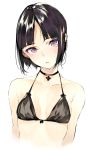  1girl bikini_top black_bikini_top black_hair breasts choker highres looking_at_viewer parted_lips short_hair shunsei_(muratou) simple_background slit_pupils small_breasts solo violet_eyes white_background 
