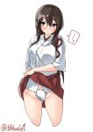  ... 10s 1girl akagi_(kantai_collection) bangs black_eyes blush breasts brown_hair cowboy_shot cropped_legs ebifurya eyebrows_visible_through_hair fundoshi gluteal_fold groin hair_between_eyes hakama_skirt highres japanese_clothes kantai_collection large_breasts lifted_by_self long_hair looking_at_viewer open_mouth sidelocks simple_background skirt skirt_lift solo spoken_ellipsis twitter_username white_background 