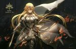  1girl absurdly_long_hair armor armored_boots armored_dress banner black_legwear blonde_hair blood boots breasts character_name fate/apocrypha fate_(series) floating_hair hair_ornament highres holding holding_sword holding_weapon large_breasts long_hair ruler_(fate/apocrypha) signature solo sword thigh-highs thigh_boots very_long_hair weapon 