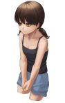  1girl black_shirt blue_shirt breasts brown_eyes brown_hair cleavage collarbone commentary_request cowboy_shot hands_together low_twintails original ranma_(kamenrideroz) shirt short_hair short_twintails simple_background small_breasts solo tank_top twintails v_arms white_background 