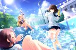  3girls absurdres blonde_hair blush brown_hair closed_eyes facing_another fuu_(fuore) green_eyes gun highres holding holding_gun holding_weapon hose long_hair looking_at_another multiple_girls one_eye_closed open_mouth original pool short_hair smile water water_gun weapon 