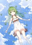  1girl @ichigo absurdres ahoge clouds cloudy_sky collarbone dress eyebrows_visible_through_hair green_eyes green_hair highres long_hair looking_at_viewer lying on_back open_mouth original outdoors reflecting_pool sky sleeveless sleeveless_dress solo sundress white_dress 
