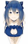  1girl bare_shoulders bell bell_choker blue_bra blue_eyes blue_hair blush bow bra breasts cat_cutout cat_lingerie choker cleavage cleavage_cutout collarbone commentary_request cowboy_shot foreshortening frilled_bra frills hair_between_eyes hair_bow highres jingle_bell large_breasts leaning_forward long_hair looking_at_viewer meme_attire original smile solo tatsu_shinomu underwear underwear_only 