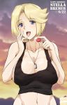  1girl between_breasts black_tank_top blonde_hair breasts cleavage dog_tags erect_nipples food fruit green_kaminari happy_birthday highres large_breasts looking_at_viewer midriff muvluv navel open_mouth short_hair smile solo stella_bremer strawberry strawberry_shortcake tank_top tongue tongue_out upper_body violet_eyes whipped_cream 