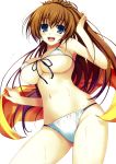  1girl absurdres bangs bare_shoulders bikini blue_eyes breasts brown_hair eyebrows_visible_through_hair front-tie_bikini front-tie_top highres holding large_breasts long_hair looking_at_viewer open_mouth simple_background smile solo swimsuit tomose_shunsaku towel under_boob wet white_background white_bikini 