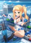  1girl bare_shoulders blonde_hair blush breasts city cleavage elbow_gloves fingerless_gloves giantess gloves green_eyes gun highres legs_crossed leotard long_hair medium_breasts open_mouth original sitting solo ureshiijelek weapon 