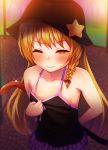  1girl ;) arm_behind_back bangs bare_arms bare_shoulders black_hat blonde_hair blush bow braid closed_mouth commentary_request cookie_(touhou) cowboy_shot crowbar eyebrows_visible_through_hair hair_bow hat highres kirisame_marisa long_hair looking_at_viewer one_eye_closed outdoors purple_skirt red_bow side_braid single_braid skirt smile solo sparkle star star_pin suzu_(cookie) tarmo touhou very_long_hair yellow_eyes 