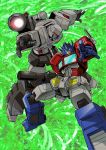  2boys 80s arm_cannon autobot battle blue_eyes cannon decepticon full_body glowing glowing_eyes green_background headgear insignia machine machinery mecha megatron multiple_boys no_humans oldschool optimus_prime personification red_eyes robot smile transformers tsushima_naoto weapon 