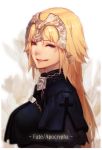  1girl blonde_hair blue_eyes duto fate/apocrypha fate_(series) flower grin highres long_hair looking_at_viewer ruler_(fate/apocrypha) smile solo 