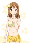  1girl :&lt; blush breasts brown_eyes brown_hair cleavage collarbone flower hair_flower hair_ornament highres in_shon kunikida_hanamaru looking_at_viewer love_live! love_live!_sunshine!! medium_breasts medium_hair navel solo standing swimsuit 