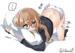  ... 10s 1girl ass ass_grab bangs black_legwear black_serafuku black_skirt blush brown-framed_eyewear brown_eyes brown_hair butt_crack ebifurya eyebrows_visible_through_hair full_body glasses hair_between_eyes kantai_collection long_sleeves looking_back mochizuki_(kantai_collection) no_shoes open_mouth panties pillow pillow_hug pleated_skirt school_uniform semi-rimless_glasses serafuku simple_background skirt socks solo_focus spoken_ellipsis thigh_grab top-down_bottom-up twitter_username under-rim_glasses underwear white_background white_panties 