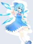  &gt;:d 1girl :d blue_eyes blue_hair blush breasts cirno collared_shirt commentary dress fang ice ice_wings mary_janes open_mouth pointing pointing_at_viewer puffy_short_sleeves puffy_sleeves sansechiru shirt shoes short_hair short_sleeves small_breasts smile socks solo touhou wings 